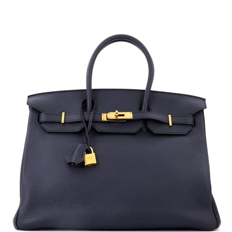 Hermes Birkin Handbag Blue Clemence with Gold Hardware 35: Accessories: Keys, Lock, Dust Bag, Clochette Measurements: Handle Drop None", Height 10", Width 13.5", Depth 7", Strap Drop None". Condition: Pre-owned - Excellent,Brand: Hermes,Exterior Material: