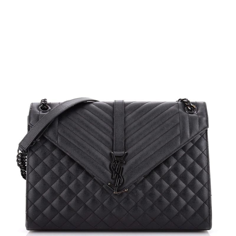 Saint Laurent Classic Monogram Envelope Satchel Mixed Matelasse Leather Large: Measurements: Handle Drop 12", Height 9", Width 12.5", Depth 3", Strap Drop 21" . Condition: Pre-owned - Fair,Brand: Saint Laurent,Exterior Material: Leather,Style: Shoulder Bags,Exterior Color: