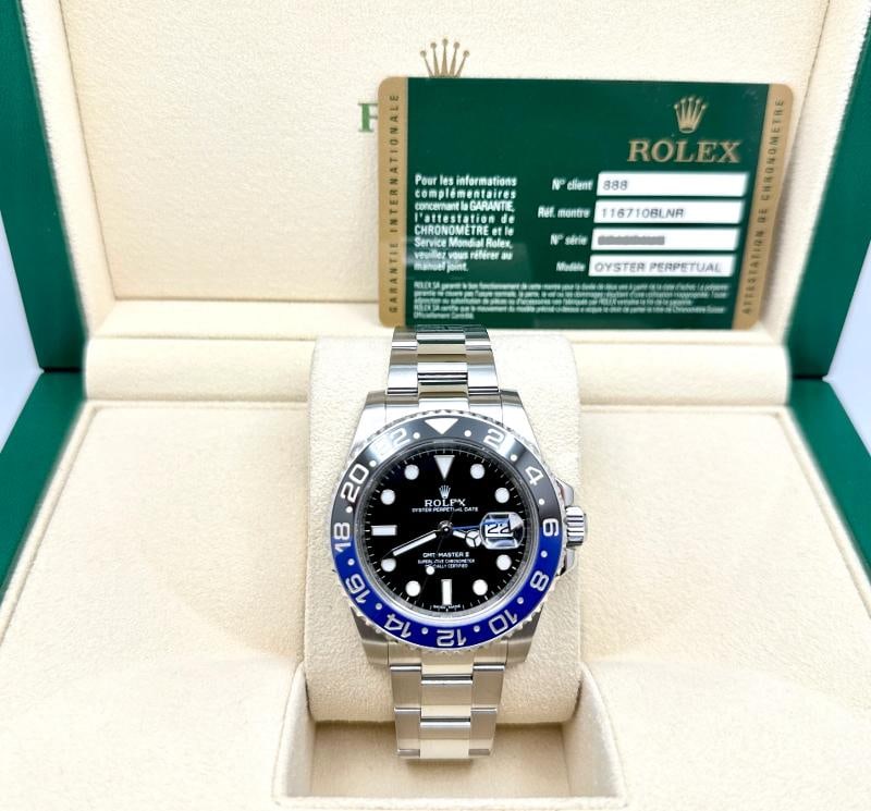 Rolex GMT Master II BATMAN 116710BLNR Black Blue Ceramic Bezel Steel Box Paper: Style Number: 116710BLNR Year: 2015 Model: Rolex GMT Master II 'BATMAN' Case Material: Stainless Steel Band: Stainless Steel Bezel: Black & Blue Ceramic Dial: Black Crystal: Sapphire Case Size: 40mm I
