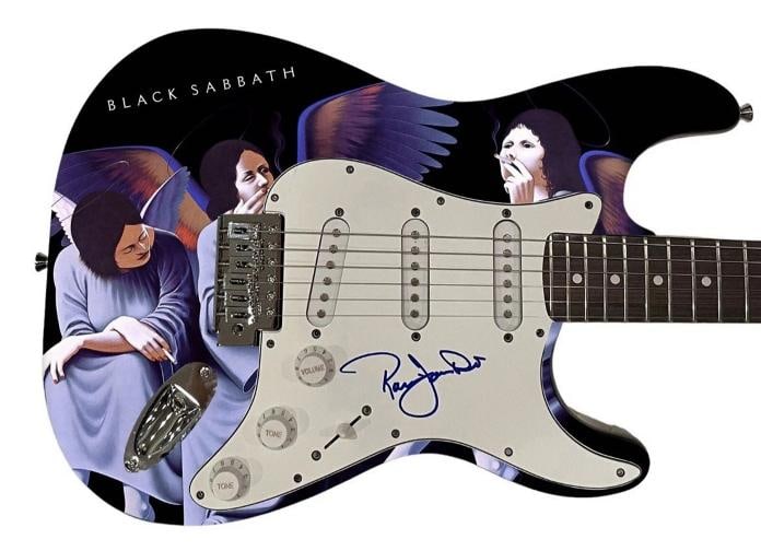 Ronnie James Dio Signed Custom Guitar Black Sabbath (JSA): Industry: Music,Signed: Yes,Autograph Authentication: James Spence (JSA),Object Type: Guitar & Guitar Pick,Original/Reproduction: Original,Country of Origin: United States