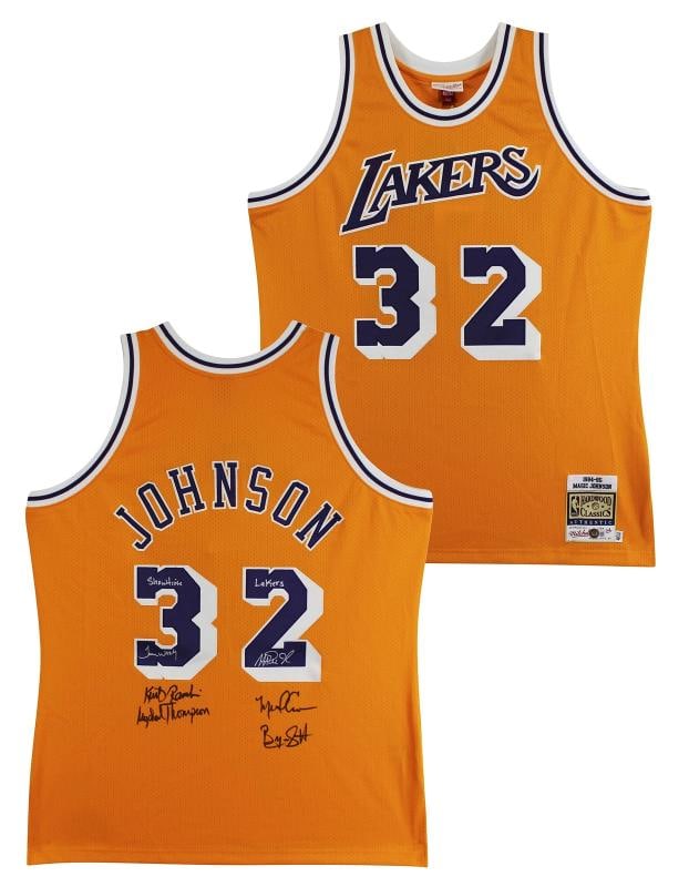 Showtime Lakers (6) Johnson, Worthy +4 Signed Yellow M&N Authentic Jersey BAS W: Player: Magic Johnson, James Worthy, Kurt Rambis, Michael Cooper, Mychal,Product: Jersey,Original/Reprint: Original,Autograph Authentication: Beckett,Team: Los Angeles Lakers,PRODUCT_COA: