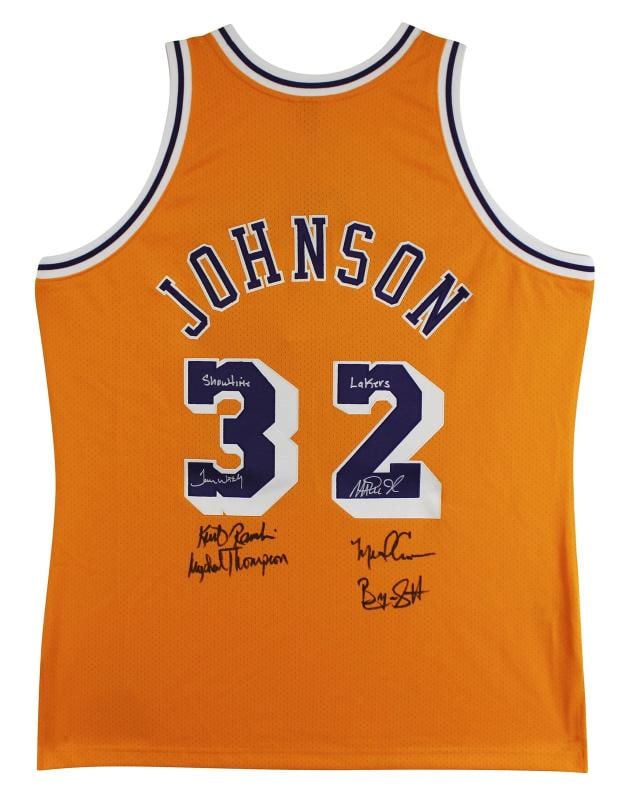 Showtime Lakers (6) Johnson, Worthy +4 Signed Yellow M&N Authentic Jersey BAS W - 2