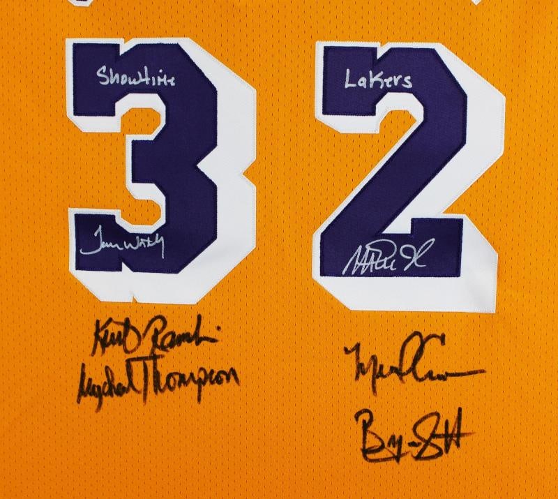 Showtime Lakers (6) Johnson, Worthy +4 Signed Yellow M&N Authentic Jersey BAS W - 3