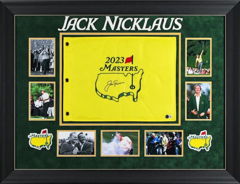 Jack Nicklaus Authentic Signed & Framed 2023 Masters Pin Flag BAS #AE64646: Player: Jack Nicklaus,Sport: Golf-PGA,Product: Flag,Original/Reprint: Original,Autograph Authentication: Beckett,PRODUCT_COA: Beckett,PRODUCT_SIGNED_BY_NAME: Jack Nicklaus,Country of Origin: United St