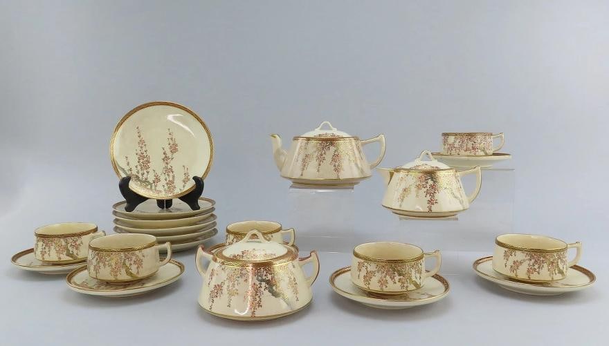 Lovely 21 Piece Japanese Satsuma Tea Set Service for 6 Cherry Blossoms: Primary Material: Porcelain & Pottery,Color: Cream,Age: 1880-1920s,Original/Reproduction: Antique Original,Region of Origin: Japan,Country of Origin: Japan Presented is a lovely 21-piece Japanese