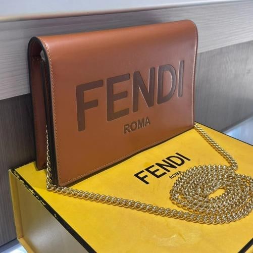 Fendi Signature Roma Logo Wallet on Chain Brown Leather Crossbody Bag - 2