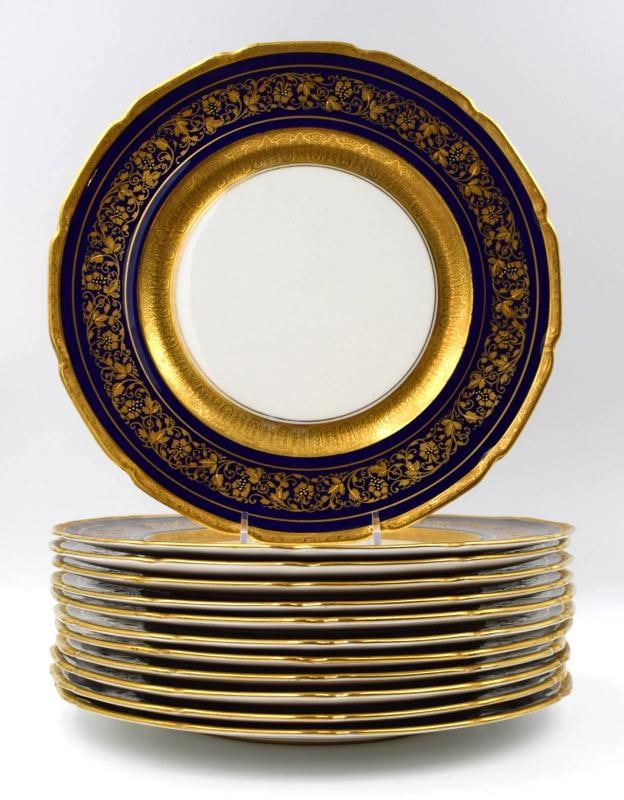 12 Royal Doulton Raised Gold Gilt & Cobalt Blue Fancy Dinner Plates, Circa 1920 (1 of 8)