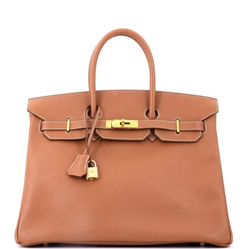 Hermes Birkin Handbag Brown Courchevel with Gold Hardware 35: Accessories: Keys, Dust Bag, Clochette, Lock Measurements: Handle Drop None", Height 10", Width 13.5", Depth 7", Strap Drop None". Condition: Pre-owned - Good,Brand: Hermes,Exterior Material: