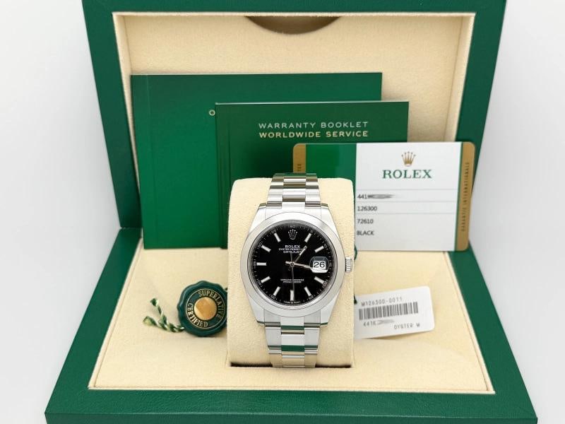 Rolex Datejust 41 126300 Black Dial Stainless Steel Partial Stickers Box Paper: Style Number: 126300 Year: 2020 Model: Rolex Datejust 41 Case Material: Stainless Steel Band: Stainless Steel. Factory sticker in clasp. Bezel: Stainless Steel Dial: Black Crystal: Sapphire Case