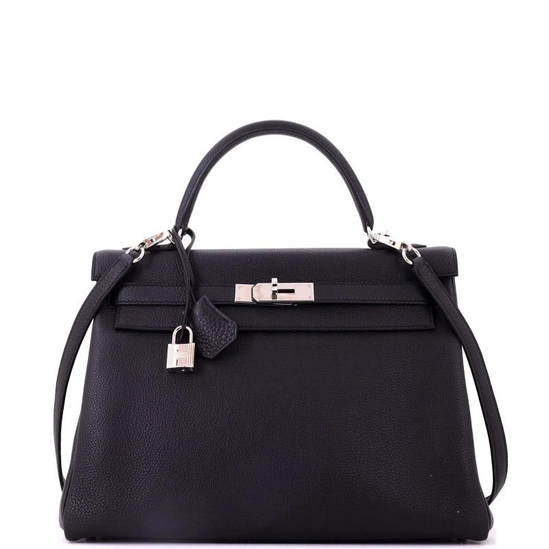 Hermes Kelly Handbag Black Togo with Palladium Hardware 32: Accessories: Dust Bag, Lock, Keys, Box, Clochette, With Strap Measurements: Height 8.5", Width 12.5", Depth 4". Condition: Pre-owned - Excellent,Brand: Hermes,Exterior Material: Leather,Style: Top