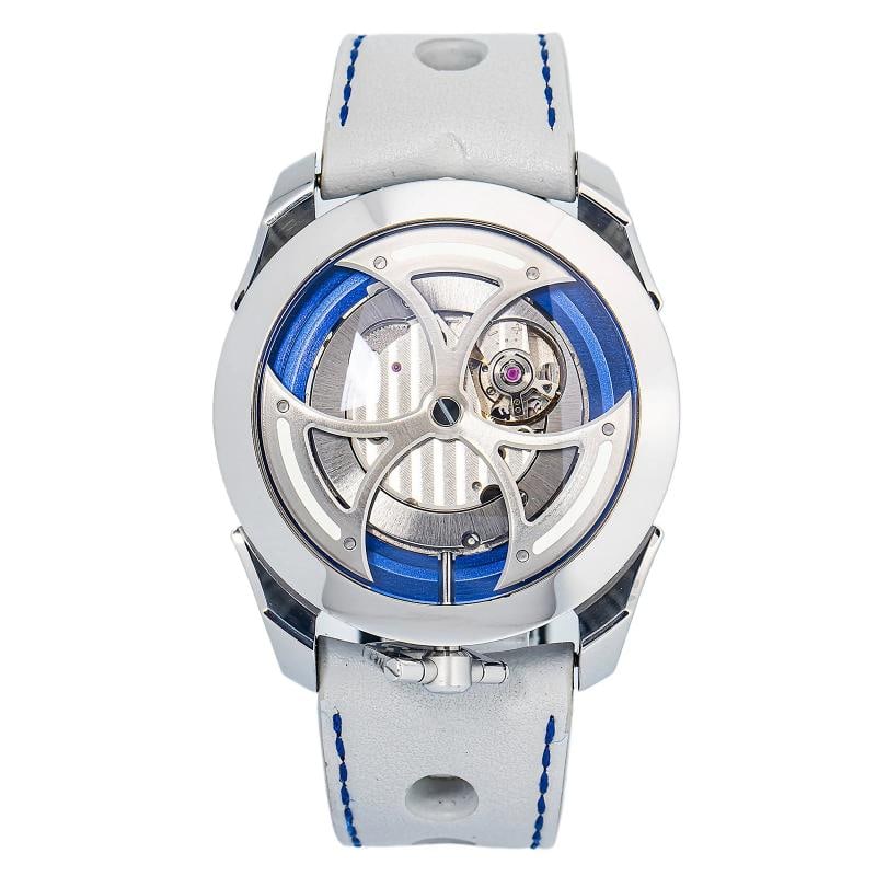 MB&F M.A.D.1S Ice Blue Edition 1 Complete Leather Skeleton Dial Men's Watch 42mm: Case Size 42x18.8mm Wrist Fit 7.5 inches Box No Papers No Condition Ã¢â‚¬â€ Pre-owned Full Specifications Brand MB&F Model M.A.D.1 Customized No Serial #