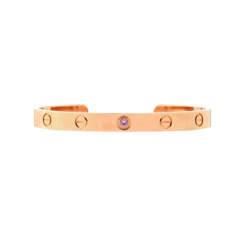 Cartier Love Cuff Bracelet 18K Rose Gold with Pink Sapphire: Condition: Pre-owned - Good,Brand: Cartier,Main Stone: Sapphire, Pink,Metal: 18K Rose Gold,Metal Purity: 18K,Style: Cuff,Type: Bracelet,Color: Rose Gold,Material: 18K Rose Gold, Sapphire Condition: Ex