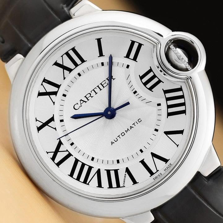 2002 CARTIER BALLON BLEU W69017Z4 SILVER 36MM ROMAN STEEL BLACK LEATHER WATCH: This is an authentic Cartier Ballon Bleu W69017Z4 36MM watch with silver dial and roman numeral hour markersÃ¢â‚¬â€¹, stainless steel smooth bezel, black leat