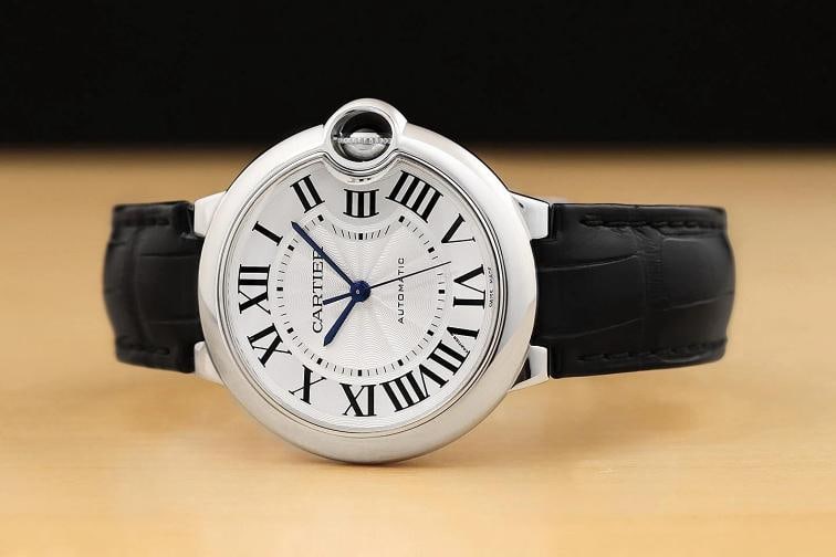 2002 CARTIER BALLON BLEU W69017Z4 SILVER 36MM ROMAN STEEL BLACK LEATHER WATCH - 2