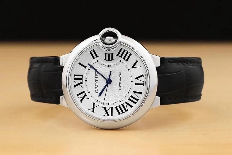 2002 CARTIER BALLON BLEU W69017Z4 SILVER 36MM ROMAN STEEL BLACK LEATHER WATCH - 3