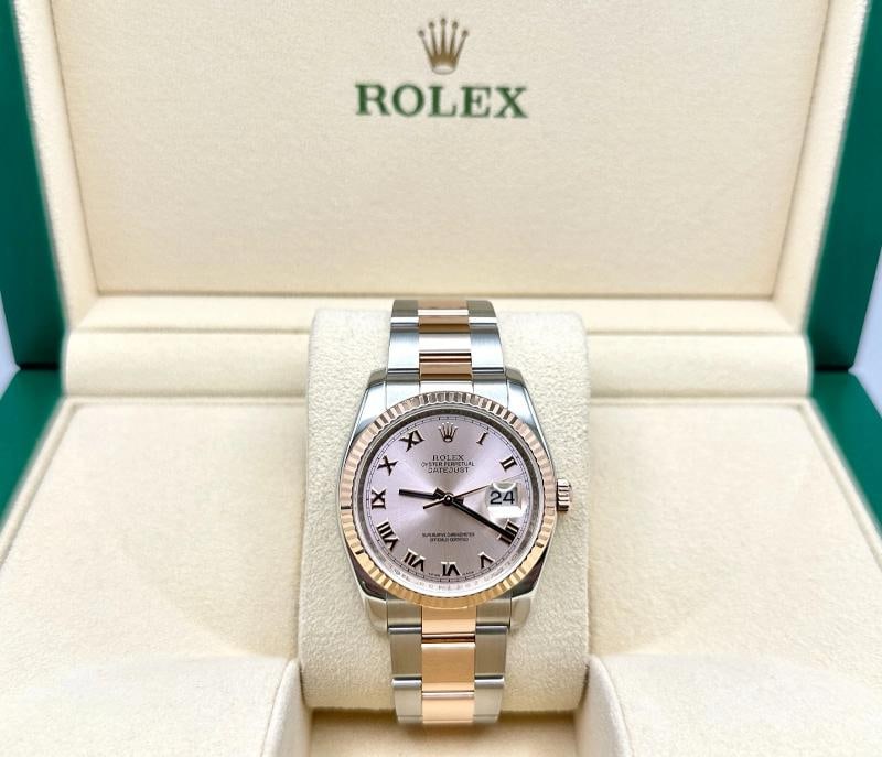 Rolex Datejust 116201 36mm Pink Roman Dial 18k Rose Gold Stainless Steel: Style Number: 116201 Serial: Z677*** Model: Rolex Datejust Case Material: Stainless Steel Band: 18K Rose Gold & Stainless Steel Bezel: 18K Rose Gold Dial: Pink Roman Dial Crystal: Sapphire Case Size: 