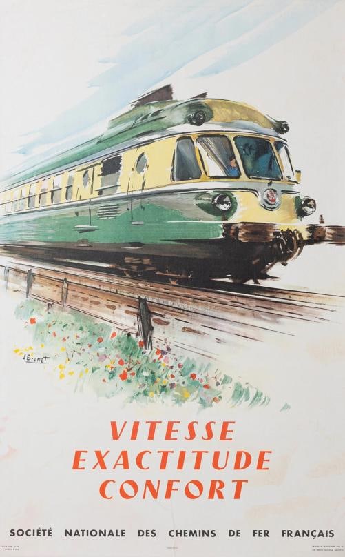 Original Train Poster, Brenet, French Railway Travel Trasnportation Tourism 1958: Condition: Used,Artist: Albert Brenet,Signed By: Albert Brenet,Size: Medium,Signed: Yes,Title: Vitesse exactitude Confort,Certificate of Authenticity (COA): Yes,Original/Licensed Reprint: