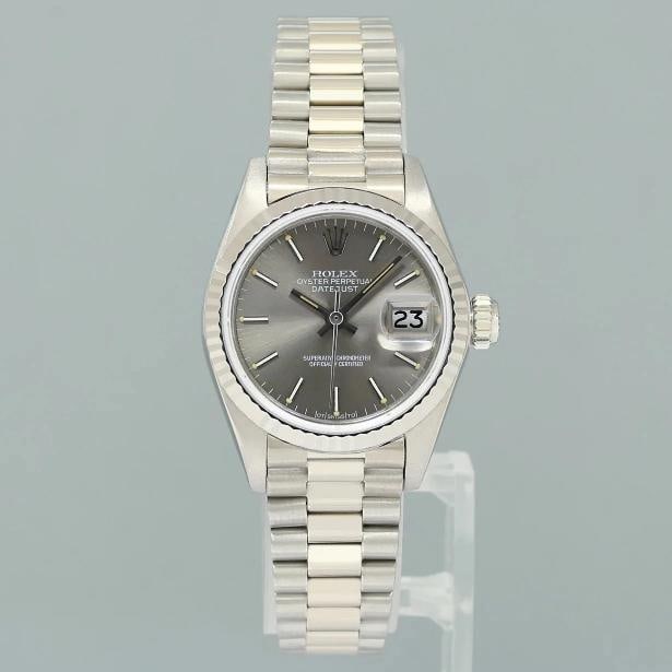 PAPERS Ladies Rolex DateJust Silver Sigma President 26mm 6917 White Gold Watch - 2