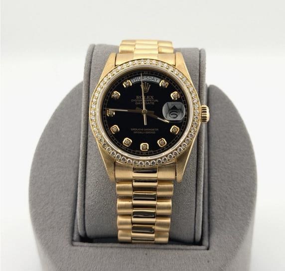 Rolex Day Date President 18038 36mm Quickset Black Diamond Dial & Bezel 18K Gold: Style Number: 18038 Serial: 811**** Year: 1984 Model: Rolex Day Date President Case Material: 18k Yellow Gold Band: Custom 18k Yellow Gold President Bezel: Custom Diamond Bezel Dial: Custom Black