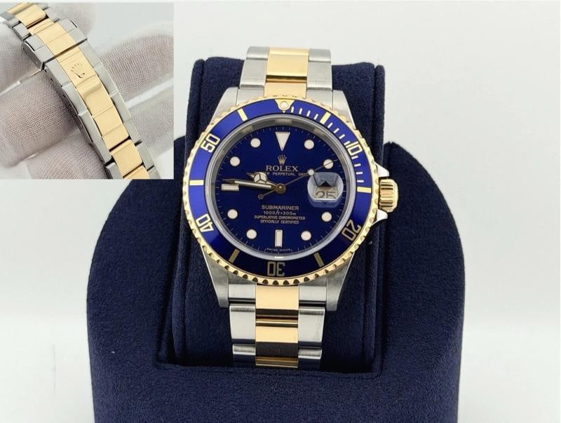 2007 Rolex Submariner Date Blue 16613 40mm Blue Dial 18k Yellow Gold Steel: Style Number: 16613 Serial: Z41**** Year: 2007 Model: Rolex Submariner Date Case Material: Stainless Steel Band: 18k Yellow Gold & Stainless Steel Bezel: Blue Dial: Blue Crystal: Sapphire Case Size: