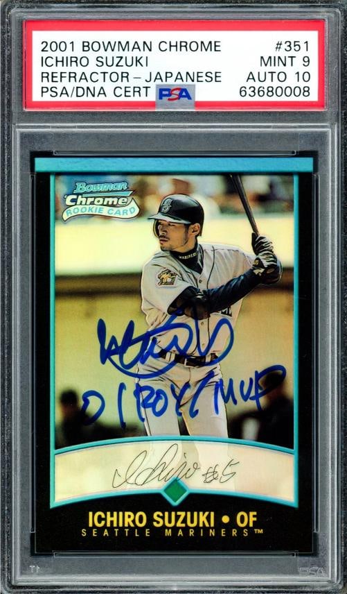 Ichiro Suzuki Signed 2001 Bowman Chrome Refractor Japanese RC #351 Mariners: Condition: Graded - PSA 9: Professionally graded ,Sport: Baseball,Product: Card,Object Type: Trading Card,Player/Athlete: Ichiro Suzuki,Team: Seattle Mariners,Signed By: Ichiro Suzuki,Autographed: Yes