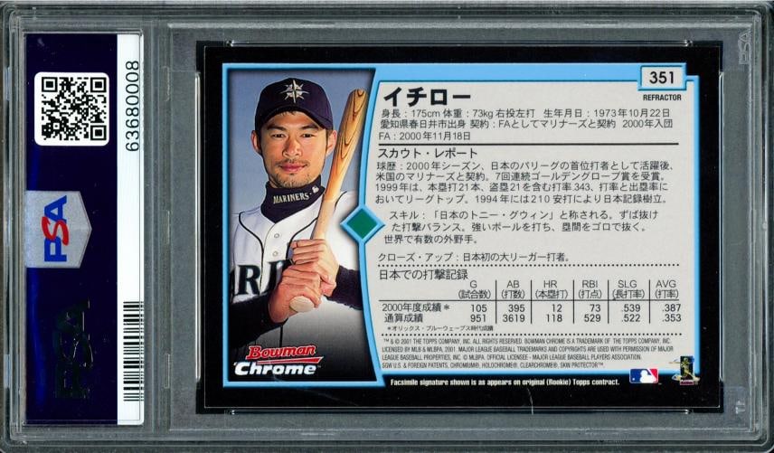 Ichiro Suzuki Signed 2001 Bowman Chrome Refractor Japanese RC #351 Mariners - 2