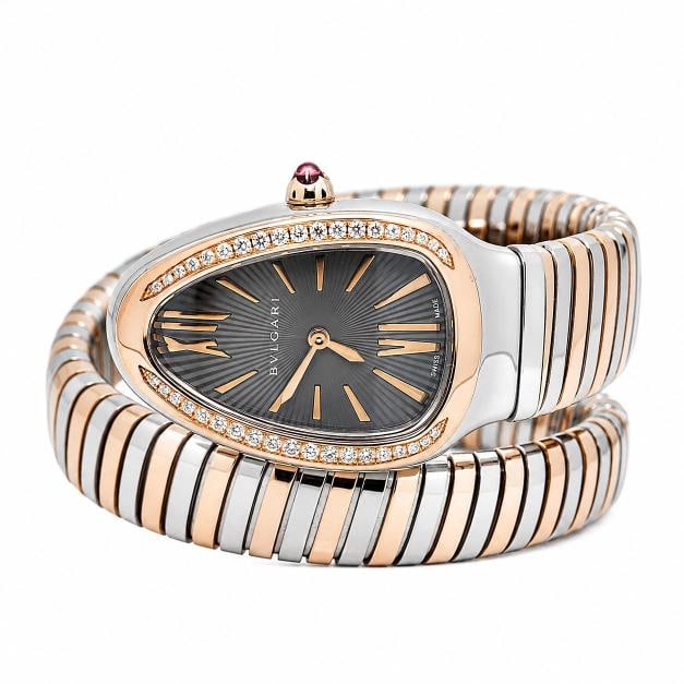 Bvlgari Serpenti Tubogas SP35SPG 18k Rose TwoTone Grey Dial Quartz Watch 35mm: Case Size 35mm Wrist Fit 6 inches Box Yes Papers Yes(2018) Condition Ã¢â‚¬â€ Used - Like New Full Specifications Brand Bvlgari Customized No Serial #