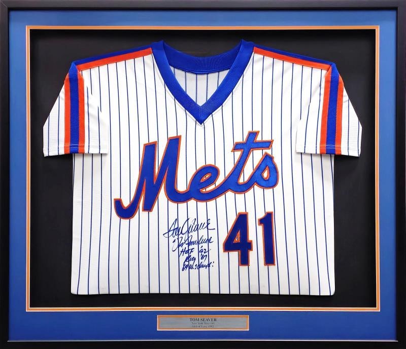 Mets Tom Seaver Signed Framed White Pinstripes Jersey "The Franchise" JSA: Sport: Baseball,Product: Jersey,Object Type: Jersey,Player: Tom Seaver,Team: New York Mets,Signed By: Tom Seaver,Autographed: Yes,Signed: Yes,Autograph Authentication: James Spence Authentication