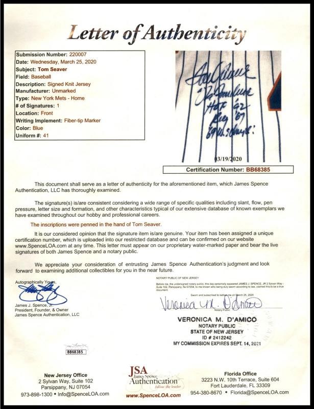 Mets Tom Seaver Signed Framed White Pinstripes Jersey "The Franchise" JSA - 5