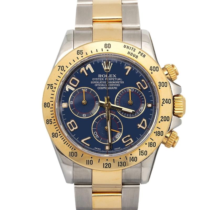 Rolex Daytona 116523 Oyster Two Tone YG Scrambled Blue Racing Dial Auto Men 40mm: Case Size 40mm Wrist Fit 7 inches Box No Papers No Condition Ã¢â‚¬â€ Used - Good Full Specifications Brand Rolex Customized No Serial # G05xxxx Gender Men Ba