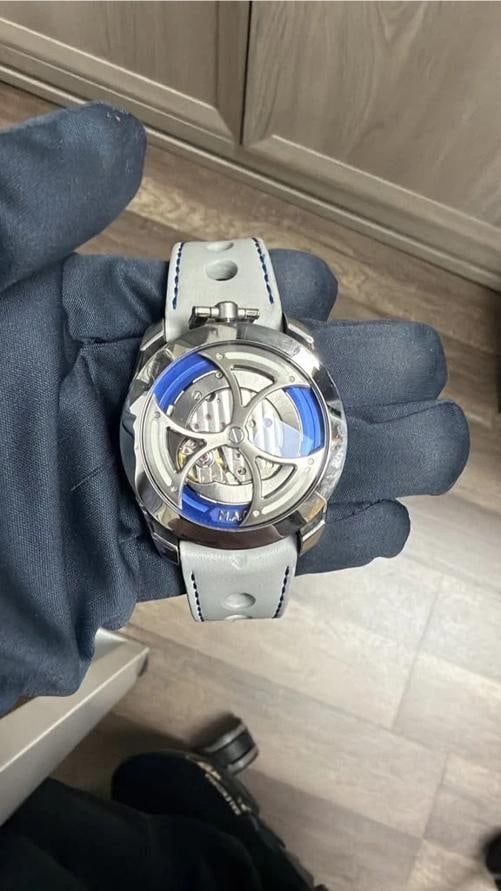 MB&F M.A.D.1S Ice Blue Edition 1 Complete Leather Skeleton Dial Men's Watch 42mm: Condition: Pre-owned: An item that has been used previously. The item may have some signs of cosmetic wear, but is fully operational and functions as intended. This item may be a floor model or store