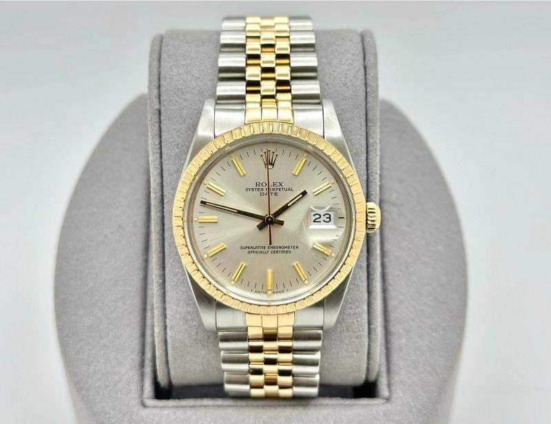 Rolex Date 15053 34mm Silver Dial 18k Yellow Gold Stainless Steel Jubilee - 2
