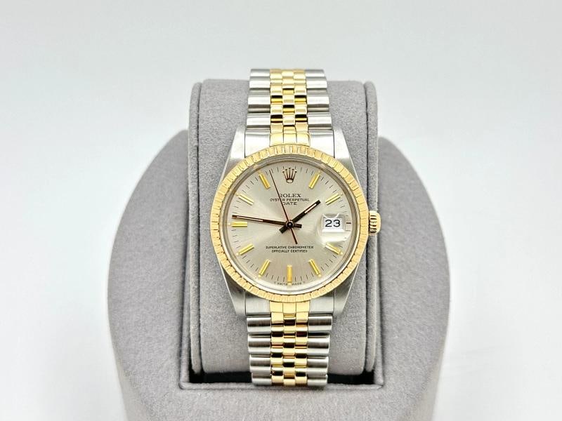 Rolex Date 15053 34mm Silver Dial 18k Yellow Gold Stainless Steel Jubilee - 3