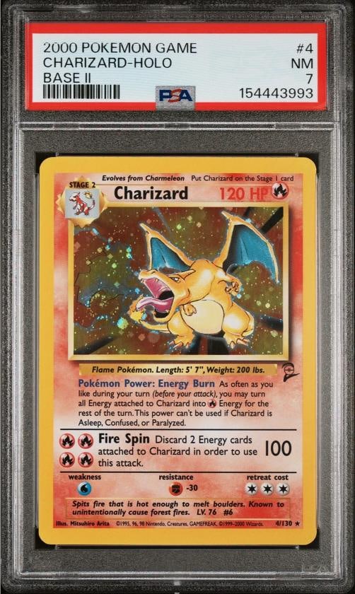 POKEMON CHARIZARD HOLO 4 WOTC BASE II 2000 PERFECT FLAME SWIRL NEW CERT PSA 7 (1 of 5)