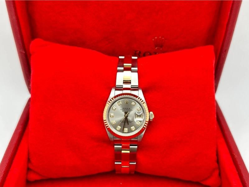 Rolex Ladies Datejust 79173 Steel Serti Diamond Dial 18k Gold Steel Box Paper - 3