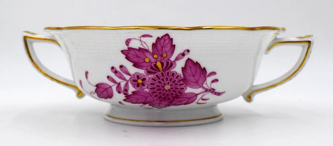 Set of 8 Herend Chinese Bouquet Raspberry Cream Soups & Underplates Hand Painted - 4
