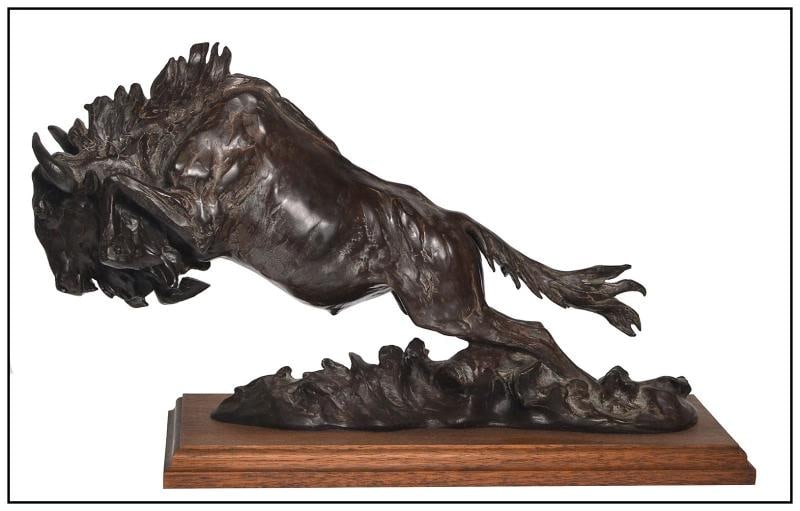 Alexa King Original Bronze Wildlife Sculpture Widebeest Signed Western Artwork: he sculpture features a rich, dark bronze patina with beautifully textured surfaces that enhance the sense of movement throughout the piece. Measuring approximately