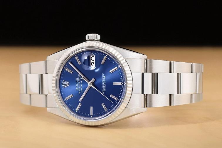 ROLEX MENS DATEJUST 16014 BLUE DIAL 18K WHITE GOLD BEZEL STAINLESS STEEL WATCH - 2