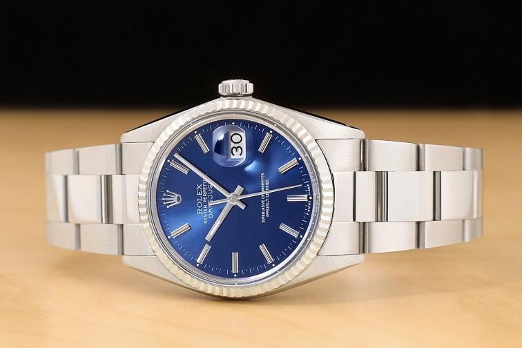 ROLEX MENS DATEJUST 16014 BLUE DIAL 18K WHITE GOLD BEZEL STAINLESS STEEL WATCH - 3