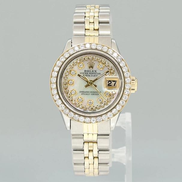 Ladies Rolex Date 26m 6519 Two Tone Yellow Gold MOP Diamond Jubilee Steel Watch - 2