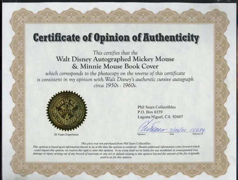 Walt Disney signed Vintage Mickey & Minnie Mouse Book Cover JSA LOA Auto - 3