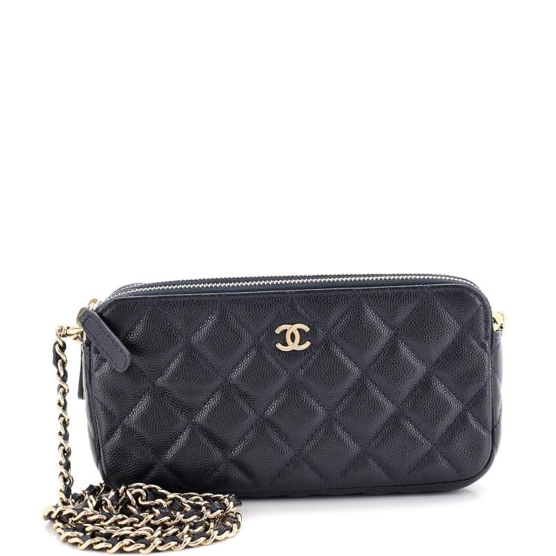 Chanel Double Zip Clutch with Chain Quilted Iridescent Caviar: Condition: Pre-owned - Good,Brand: Chanel,Exterior Material: Leather,Style: Cross Body Bags,Exterior Color: Blue,Department: Women,Size: Unknown,Accessories: With Strap