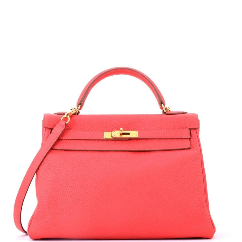 Hermes Kelly Handbag Pink Clemence with Gold Hardware 32: Condition: Pre-owned - Good,Brand: Hermes,Exterior Material: Leather,Style: Top Handle,Exterior Color: Pink,Department: Women,Size: 32,Accessories: Dust Bag, With Strap Condition: Very good.