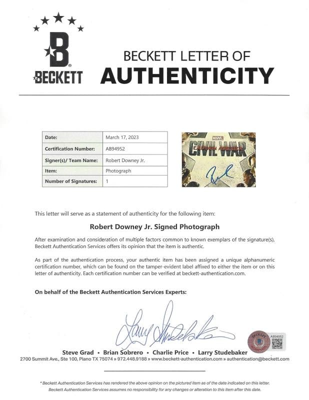 ROBERT DOWNEY JR SIGNED MARVEL IRON MAN 'CIVIL WAR' MOVIE POSTER BECKETT BAS COA - 3