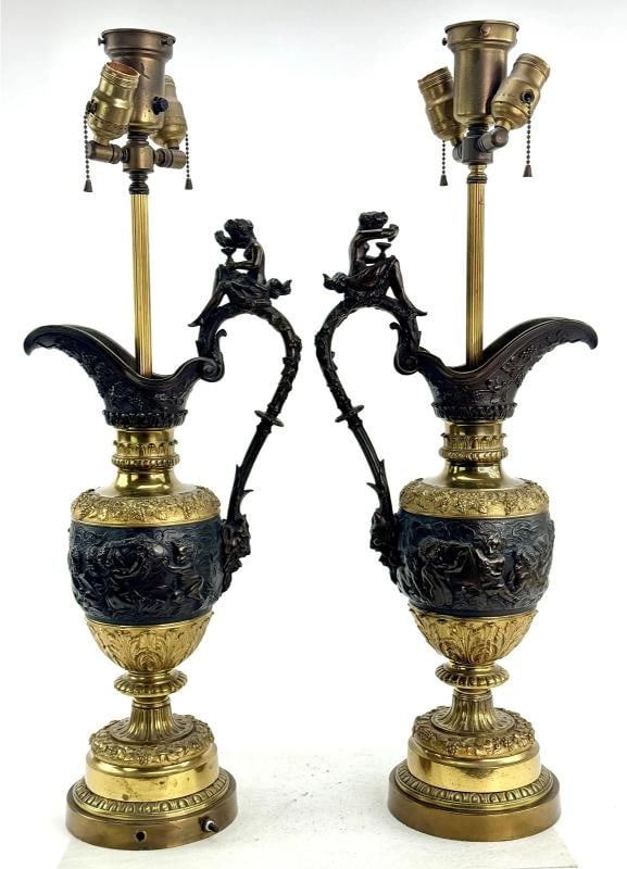 Impressive Pair c1860-1900 French Ormolu Gilt Bronze Ewer Table Lamps - 8