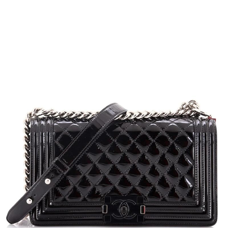 Chanel Boy Flap Bag Quilted Plexiglass Patent Old Medium: Condition: Pre-owned - Good,Brand: Chanel,Exterior Material: Patent Leather,Style: Shoulder Bags,Exterior Color: Black,Department: Women,Size: Old Medium,Accessories: Authenticity Card