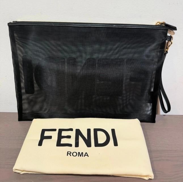 Fendi Mesh Pouch Black Leather w/duster - 2