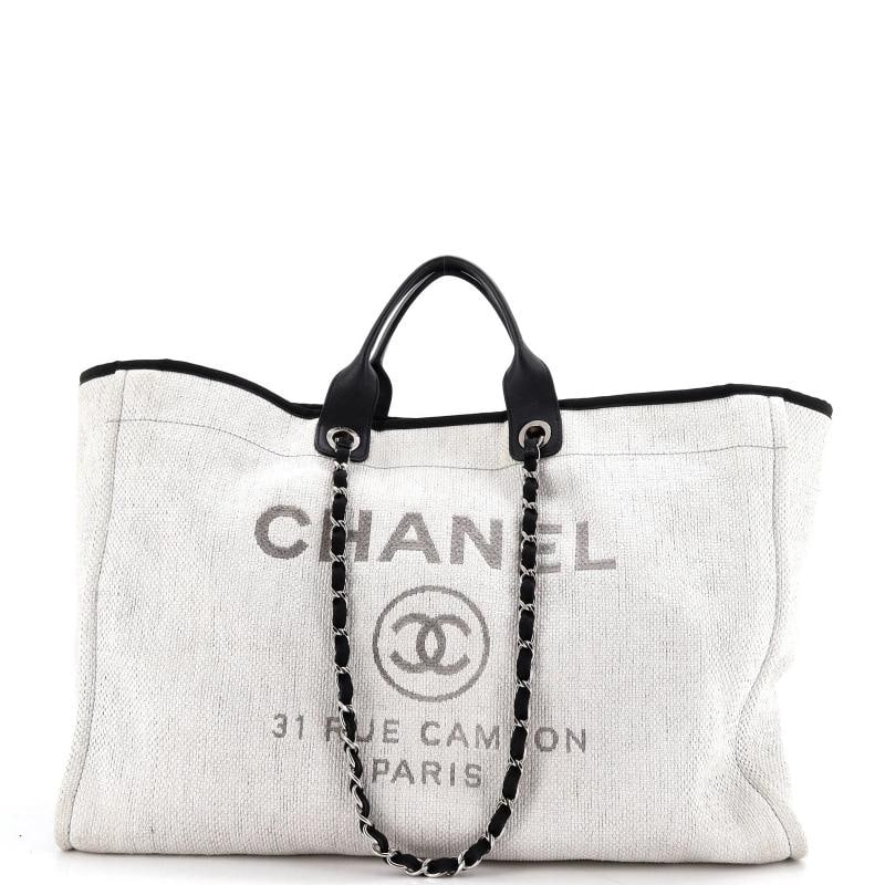 Chanel Deauville Tote Raffia XL: Condition: Pre-owned - Fair,Brand: Chanel,Exterior Material: Raffia,Style: Top Handle,Exterior Color: Gray,Department: Women,Size: Xl