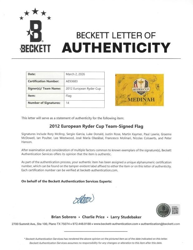 2012 TEAM EUROPE SIGNED RYDER CUP MEDINAH FLAG RORY MCILROY COLSAERTS BECKETT - 2