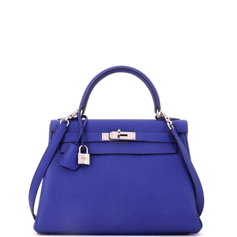 Hermes Kelly Handbag Blue Togo with Palladium Hardware 28: Condition: Pre-owned - Good,Brand: Hermes,Exterior Material: Leather,Style: Top Handle,Exterior Color: Blue,Department: Women,Size: 28,Accessories: Keys, Lock, Dust Bag, Clochette, With Strap
